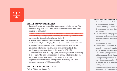 Close-up of medical dosage and administration instructions with highlighted and crossed-out text on a light pink background.