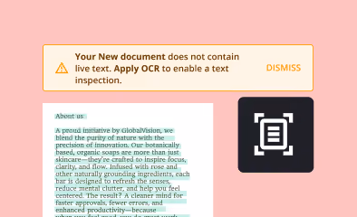 Image showing a text document warning about lack of live text with an option to apply OCR. Text discusses organic soaps and their benefits.