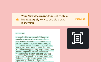 Image showing a text document warning about lack of live text with an option to apply OCR. Text discusses organic soaps and their benefits.