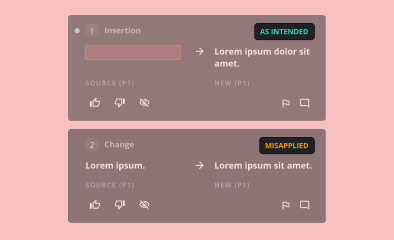 Two text annotation boxes showing examples of insertion and change with labels 'AS INTENDED' and 'MISAPPLIED' on a pink background.