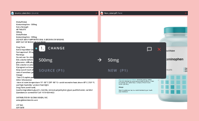 Prescription label comparison showing a dosage change from 500mg to 50mg for acetaminophen tablets.
