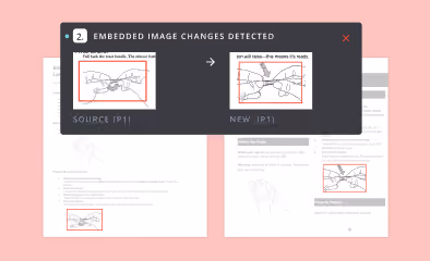 Comparison panel showing embedded image changes with two hand-drawn diagrams of pulling a bead with text instructions, highlighting the difference in text labels.