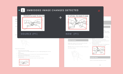 Comparison panel showing embedded image changes with two hand-drawn diagrams of pulling a bead with text instructions, highlighting the difference in text labels.
