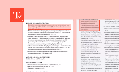 Document with text on dosage and administration instructions, highlighted sections, and formatting elements for readability.
