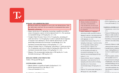 Document with text on dosage and administration instructions, highlighted sections, and formatting elements for readability.