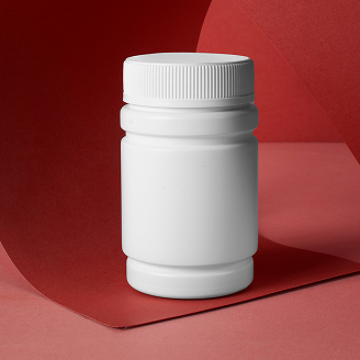 White plastic container with a screw-top lid, set against a red background with curved paper edges.