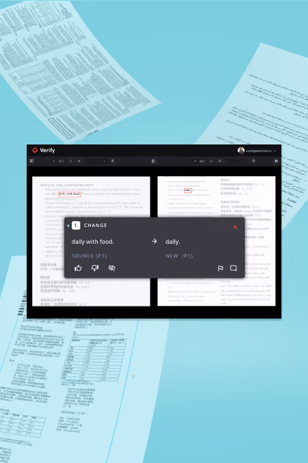 Screenshot showing a document editing software interface with text edits highlighted, surrounded by other papers on a blue background.