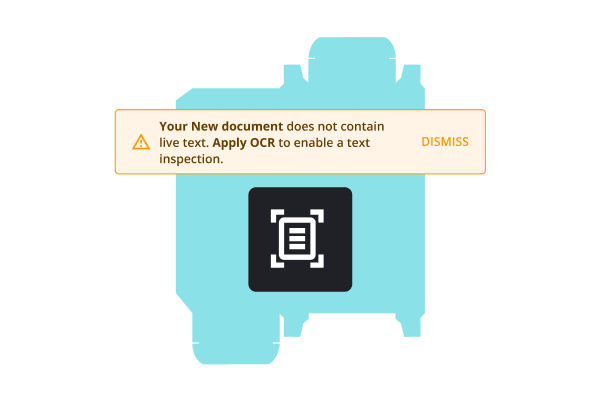 Alert indicating that a document lacks live text, with an option to apply OCR for text inspection. A dismiss button is present.