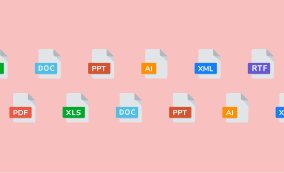 Graphic featuring various document file types—DOC, PPT, AI, XML, RTF, PDF, and XLS—on a pink background.