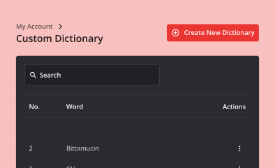 Screenshot of a user interface showing "My Account" and "Custom Dictionary" sections, with a search bar and a list of words.