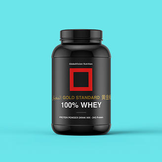 Black protein powder container labeled "Gold Standard 100% Whey" with 24g protein, against a light blue background.