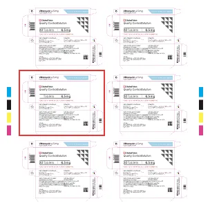 Six identical product labels for a density consolidation solution, each displaying specifications, dosage instructions, and safety warnings, arranged in two columns with a red border highlighting one label on the left.