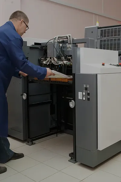 Man in blue work coat operating an industrial printing machine, handling printed sheets.