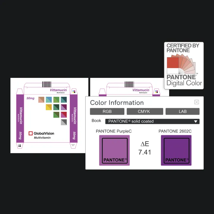 Packaging design for 50mg multivitamin 'Vittamucin' showing color swatches, alongside a color comparison window displaying Pantone PurpleC and Pantone 2602C with a color difference (ΔE) of 7.41, and a certification badge for Pantone Digital Color.