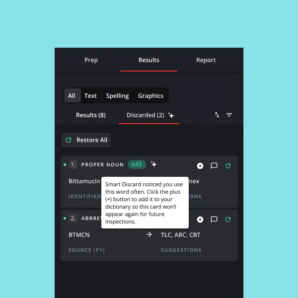 Screenshot of a spelling and text checking software showing results with options to restore discarded items and add frequently used words to a dictionary.