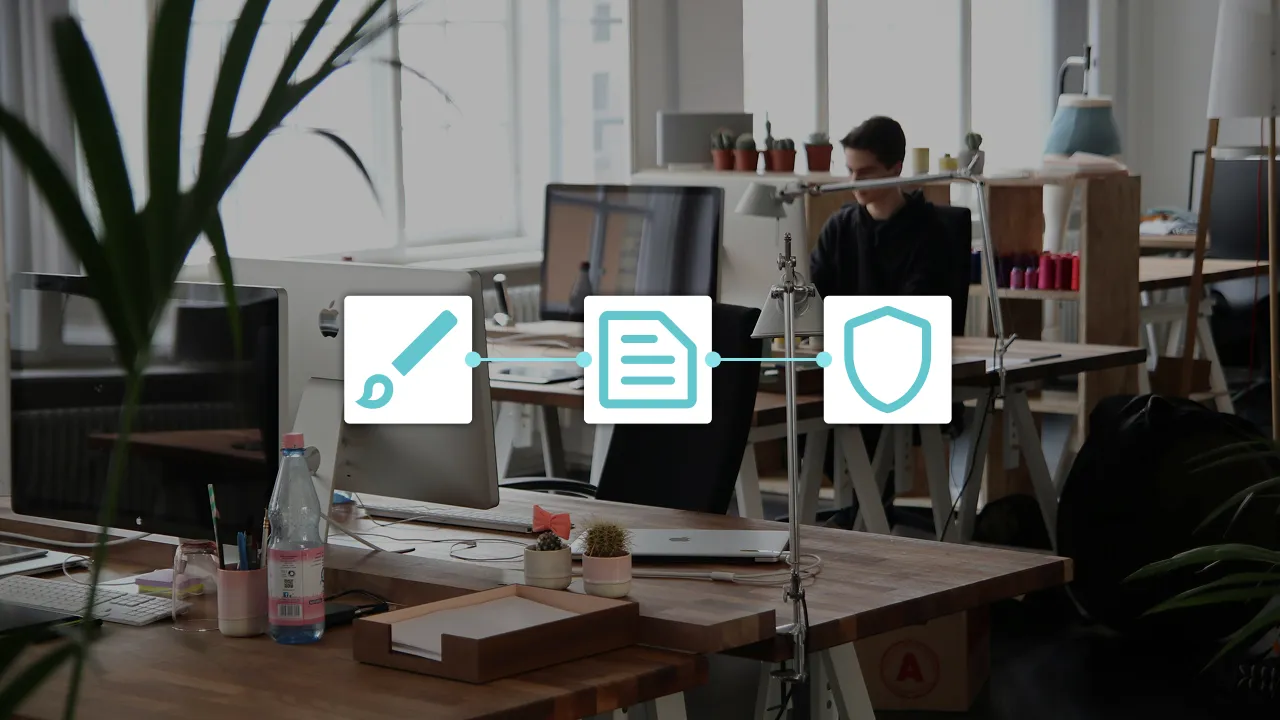 Modern office workspace with computers, plants, and a young man sitting at a desk, overlaid with icons representing design, documentation, and security.