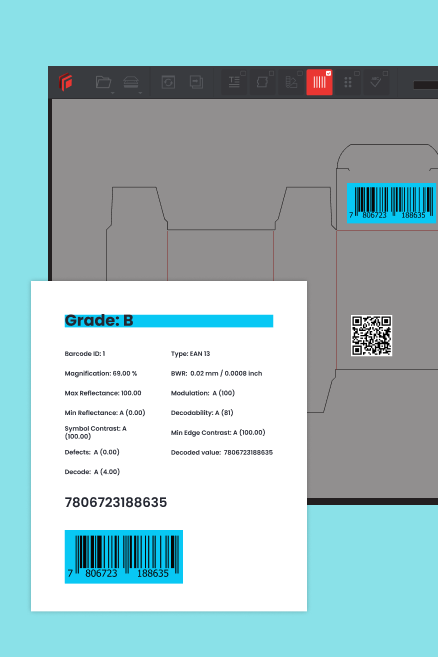 Interface showing barcode evaluation report with grade B, barcode data, and magnified barcode images highlighted in blue.