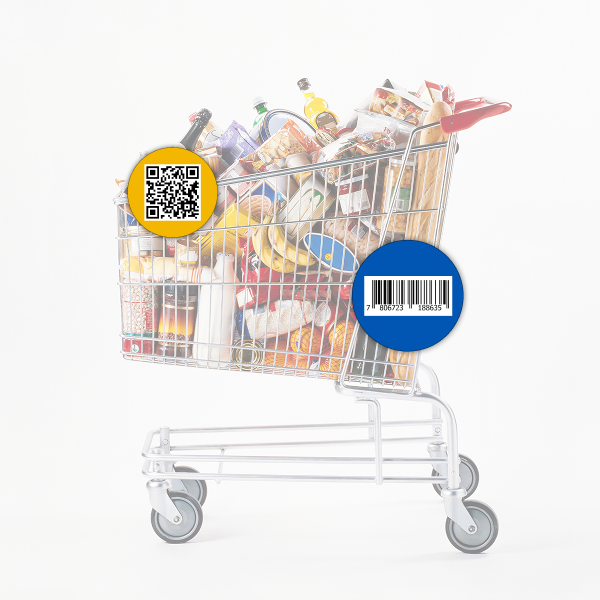 Shopping cart filled with various groceries, including bread, bananas, bottles, and packaged goods, with a QR code and barcode graphic overlay.