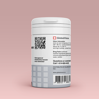 White supplement bottle with a QR code, barcode, and Global Vision logo on a pink background.