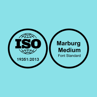 Two black circular logos on a blue background: left circle shows ISO globe with text 'ISO 19351:2013', right circle states 'Marburg Medium Font Standard'.