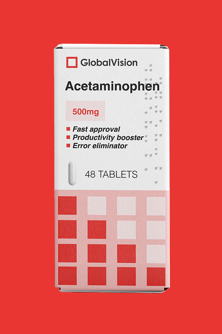 Box of GlobalVision Acetaminophen 500mg tablets with bulleted text highlighting fast approval, productivity booster, and error eliminator on a red background.