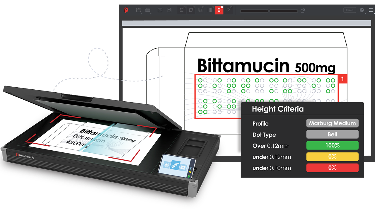 GlobalVision F2 scanner analyzing the raised dot pattern on a Braille label for Bittamucin 500mg medication with height criteria results showing 100% of dots over 0.12mm.