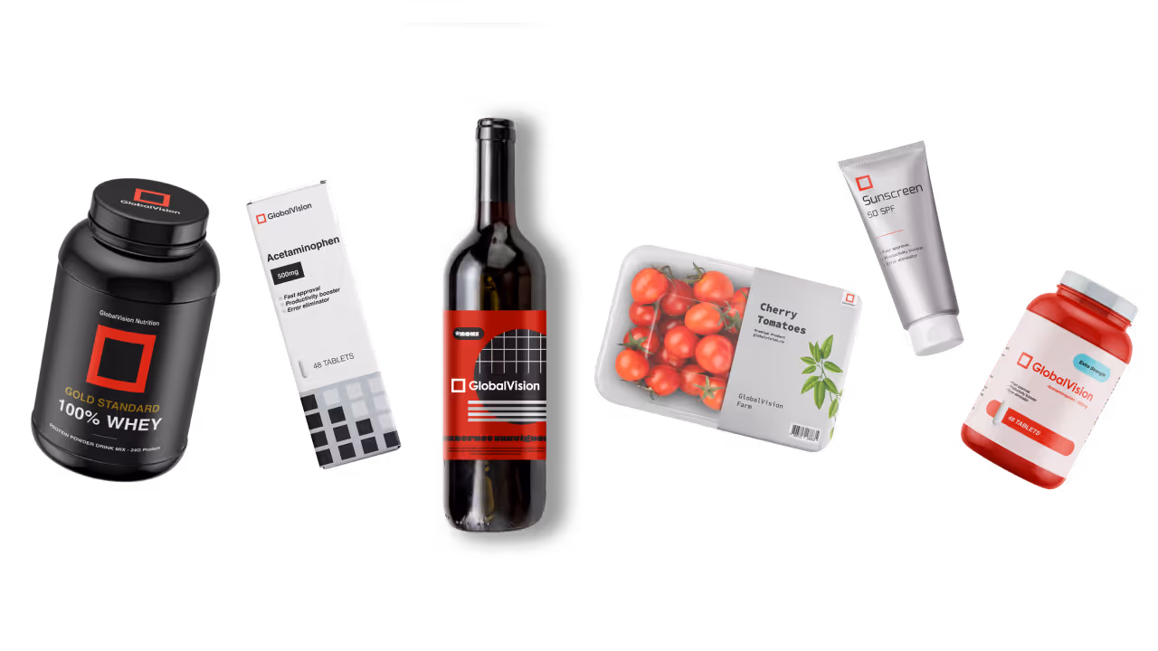 Six GlobalVision branded products including a black whey protein container, acetaminophen tablets box, wine bottle, cherry tomatoes package, sunscreen tube, and red supplement bottle.