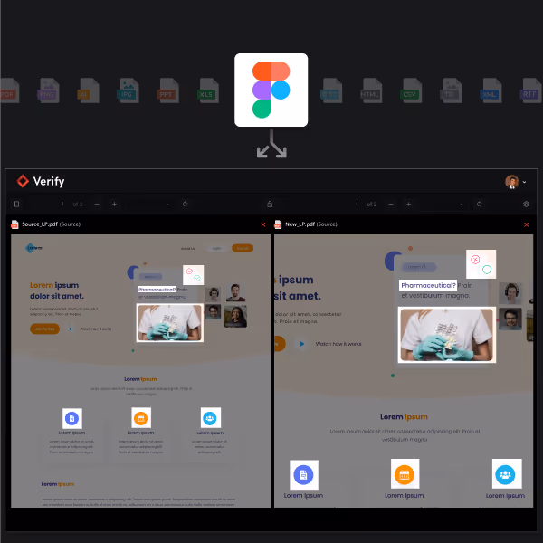 Interface showing side-by-side comparison of two document versions with a highlighted card featuring a person holding medicine blister packs and the word 'Pharmaceutical' in a design app.