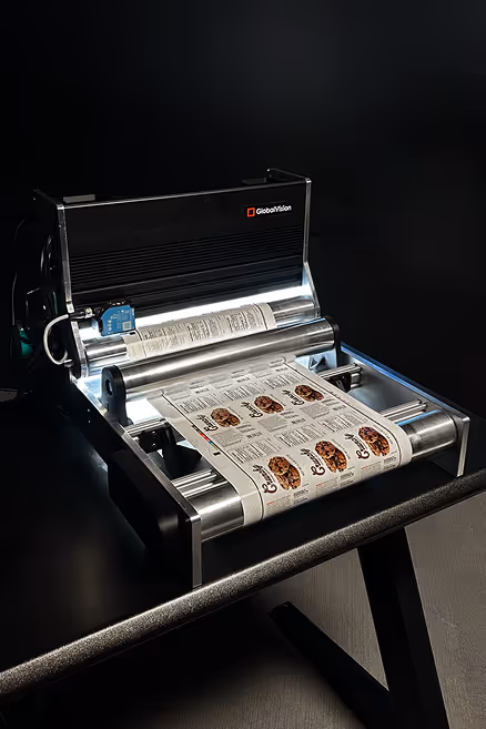 GlobalVision Verify Inline inspecting a printed page with food images and text on a dark tabletop.