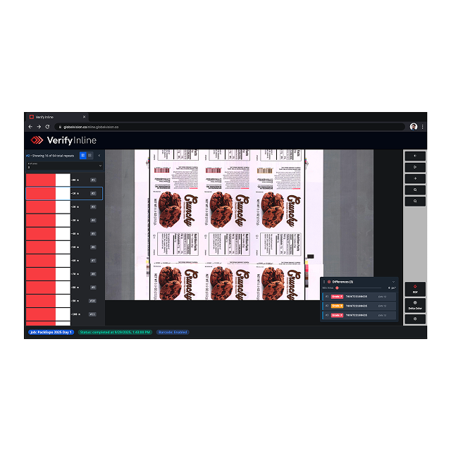 Verify Inline software interface displaying a barcode and product label inspection with highlighted differences and quality control metrics.
