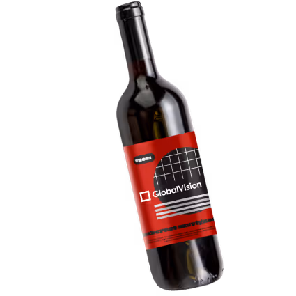 Dark glass wine bottle tilted, with a red and black label featuring the text GlobalVision and a grid design.