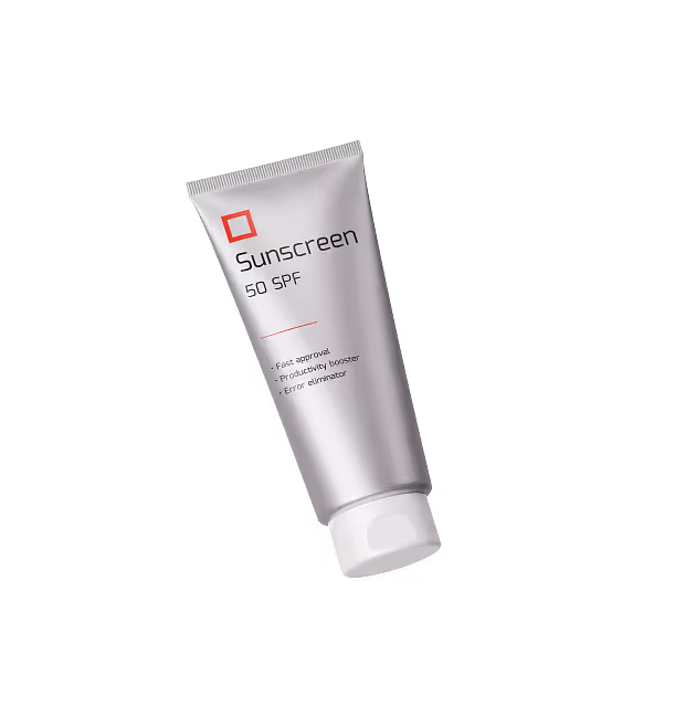 Tube of sunscreen labeled 50 SPF with benefits listed as fast approval, productivity booster, and error eliminator.
