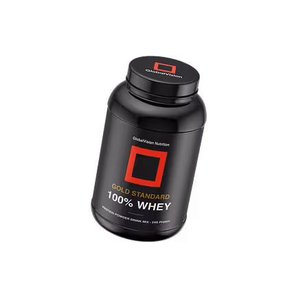 Black container of Gold Standard 100% Whey protein powder by GlobaVision Nutrition.