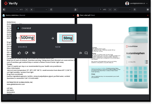 User interface showing a document verification app highlighting a change from 500mg to 50mg dosage on a labeled sheet and image of an Acetaminophen medicine bottle with 50mg tablets.