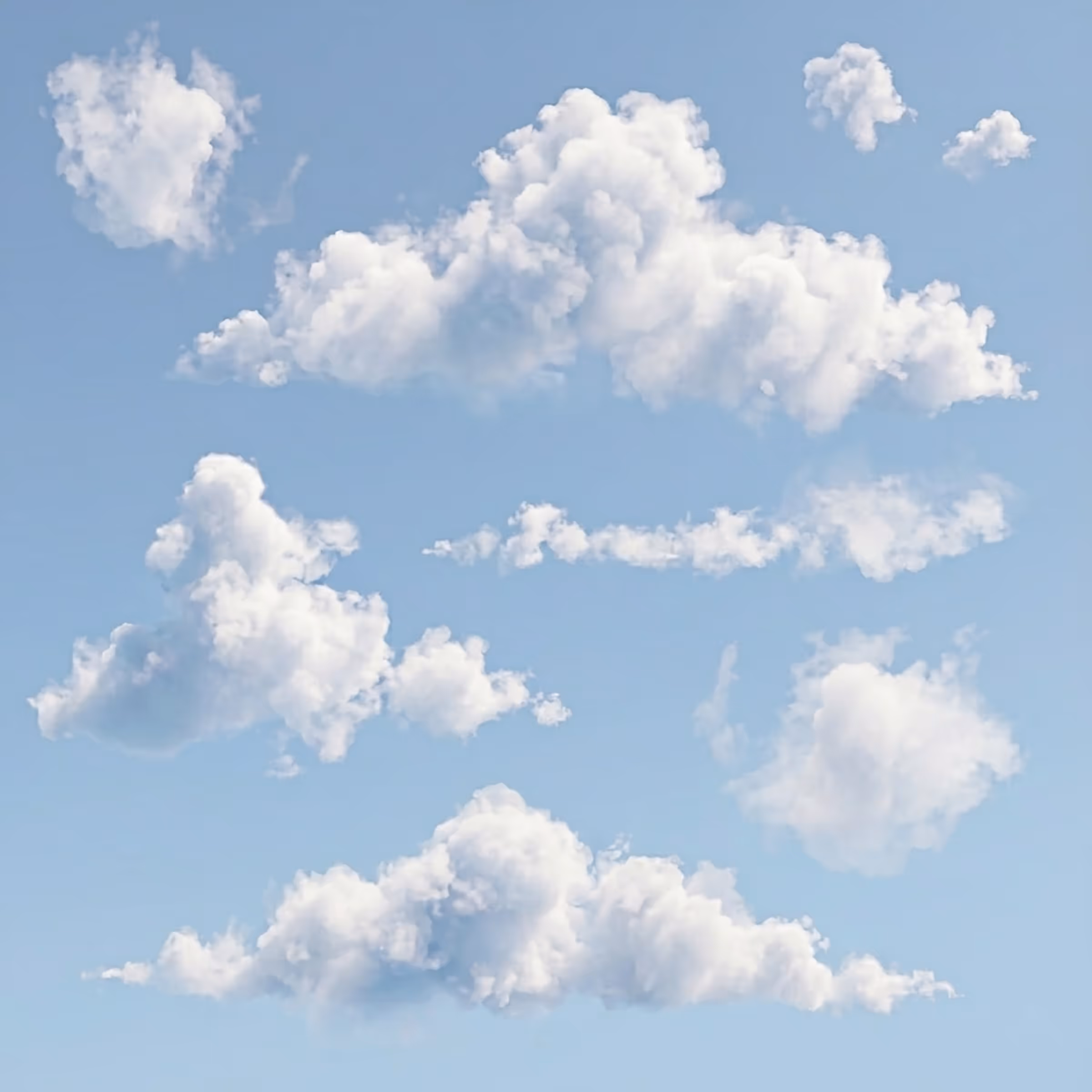 Multiple fluffy white clouds scattered across a clear blue sky.