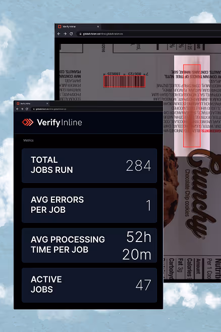 User interface of Verify Inline showing job metrics with total jobs run 284, average errors per job 1, average processing time 52h 20m, and active jobs 47.