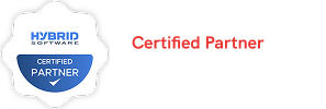 Badge with Hybrid Software logo and text 'Certified Partner,' alongside 'Certified Partner Trusted by customers' text.