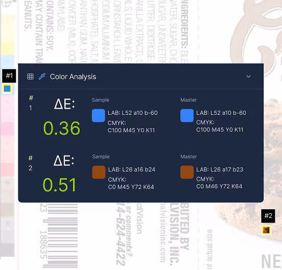 Color analysis panel showing ΔE values and LAB, CMYK color codes for two color samples compared to their masters.