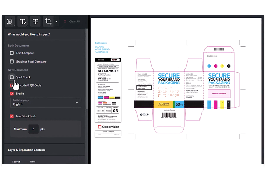 User interface showing options to inspect documents, highlighting barcode and QR code, next to a digital template of secure brand packaging with 30 caplets and color bars.