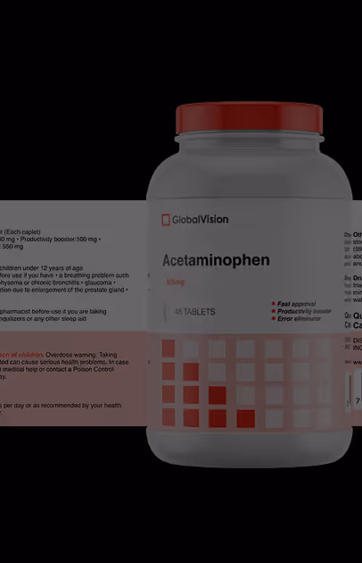 Bottle of Acetaminophen tablets with label showing dosage, warnings, and a color-coded quality control chart from GlobalVision.