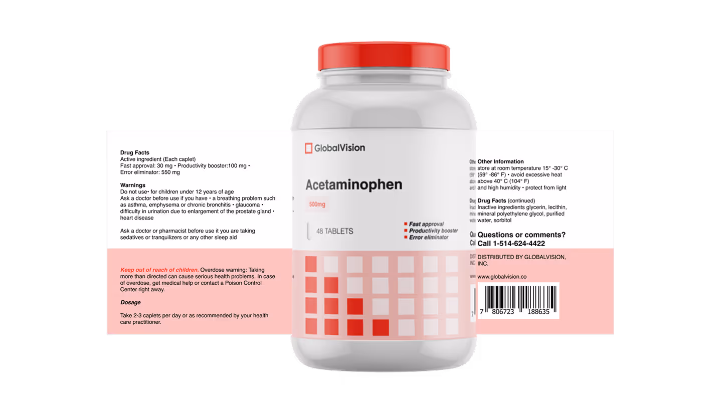 Bottle of Acetaminophen 500mg by GlobalVision with red cap and detailed drug facts label including dosage, warnings, and contact information.