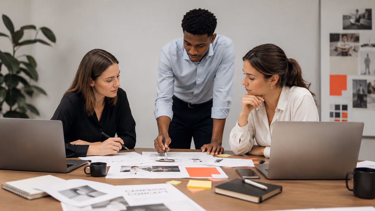 Three coworkers reviewing documents and photos spread on a table in an office meeting.