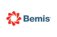Bemis logo with a red geometric flower symbol and blue text.