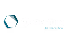 Generium Pharmaceuticals logo featuring a stylized hexagon with a diagonal line and the company name next to it.