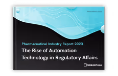 Cover of the Pharmaceutical Industry Report 2023 titled The Rise of Automation Technology in Regulatory Affairs with blue and black abstract design.