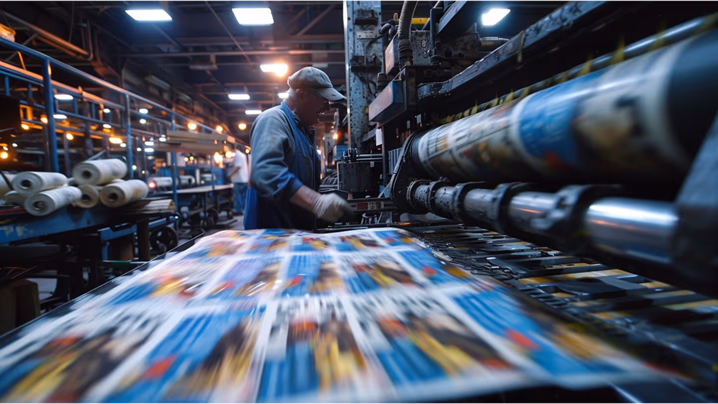 Worker operating a large printing press machine producing colorful printed sheets at high speed in a factory setting.