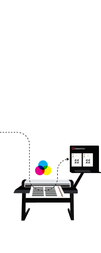Printer with cyan, magenta, yellow, and black ink droplets above it and a digital screen showing printing controls.