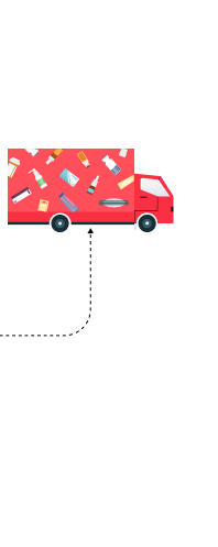 Red delivery truck with images of various packaged food items on its cargo area.