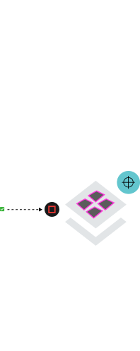 Diagram showing a checkmark connected by a dashed line to a black circle with a red square inside, pointing to a stack of two grey squares with four purple diamond shapes on the top square.