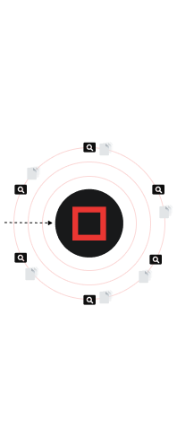 Graphic with a central black circle containing a red square, surrounded by three concentric red rings and small icons around the outer ring connected by dashed arrows.
